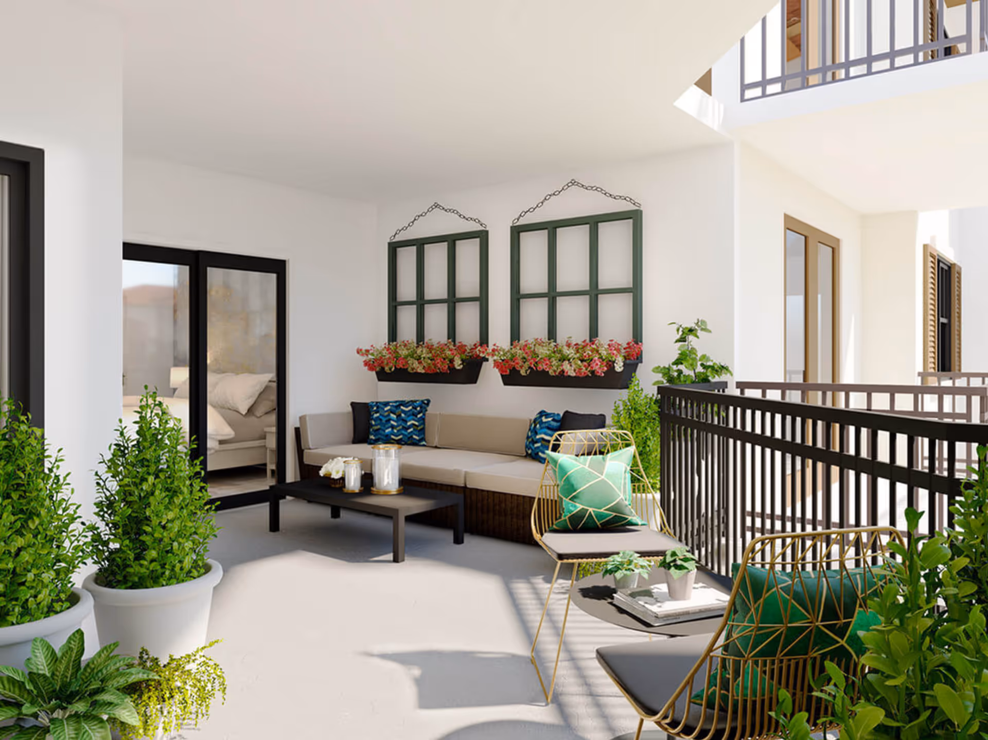 Covered balcony seating area with a sectional sofa, coffee table, potted plants, and decorative window planters.