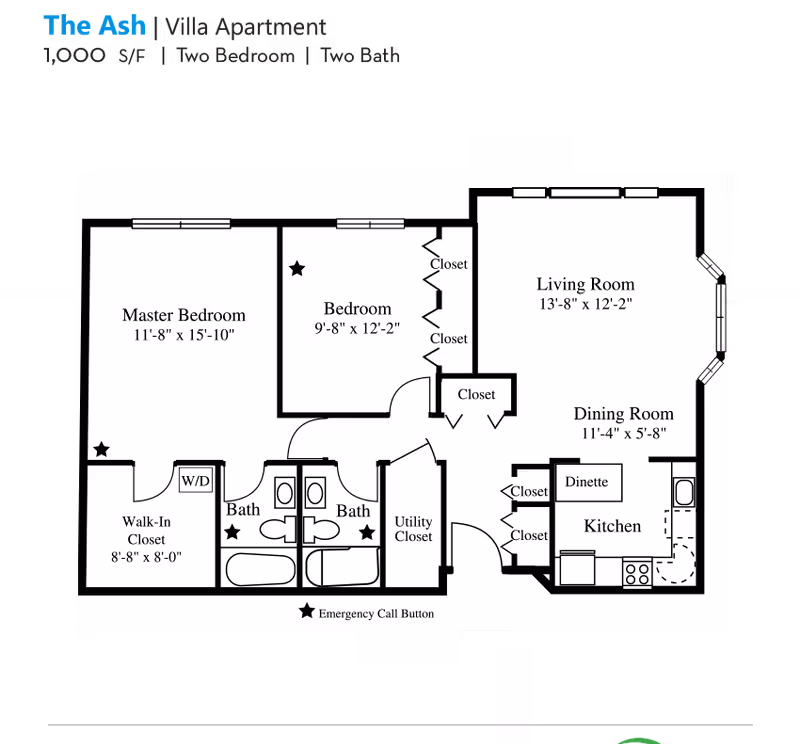Floor plan of The Ash villa apartment at Evergreen Woods, showing a two-bedroom, two-bath layout with a master bedroom, second bedroom, walk-in closet, two bathrooms, utility closet, living room, dining room with dinette, and kitchen. Emergency call button locations are marked with stars.