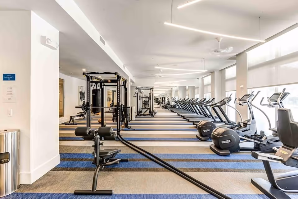 Bright, modern fitness center with rows of treadmills and various strength-training equipment in a long room.