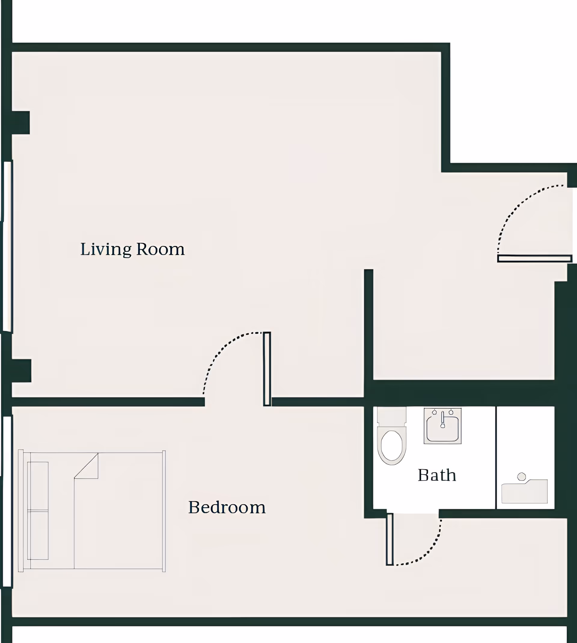 Floor plan diagram of a one-bedroom apartment showing a living room, bedroom, and bathroom with doors and fixtures.
