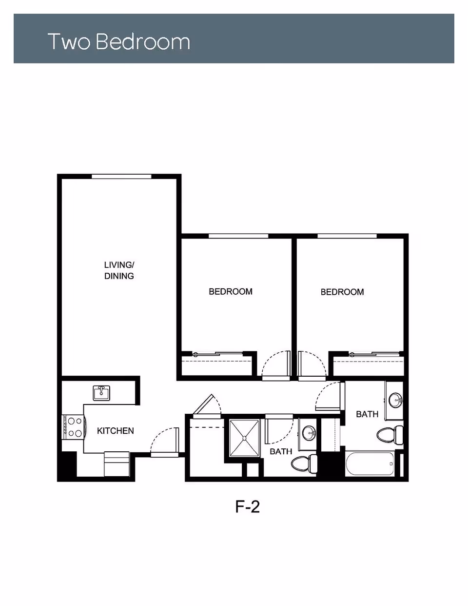 Floor plan labeled Two Bedroom showing layout with two bedrooms, two bathrooms, a kitchen, and a combined living/dining area.