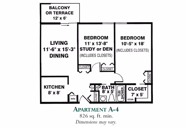 Floor plan of Apartment A-4 at Meadowood showing a layout with a balcony or terrace, living and dining area, kitchen, two bedrooms (one can be used as study or den), a bathroom with tub and shower, and multiple closets including a storage closet.