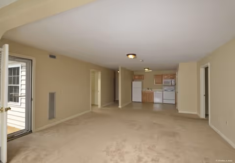 View of an empty open-plan living area with beige carpet and walls, leading to a small kitchen with wooden cabinets, white refrigerator, dishwasher, and microwave. A glass door on the left side opens to an outdoor area.