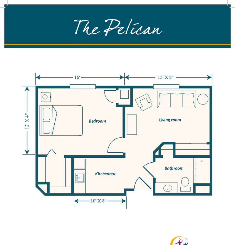 Floor plan titled "The Pelican" showing a one-bedroom apartment layout with a living room, kitchenette, and bathroom.