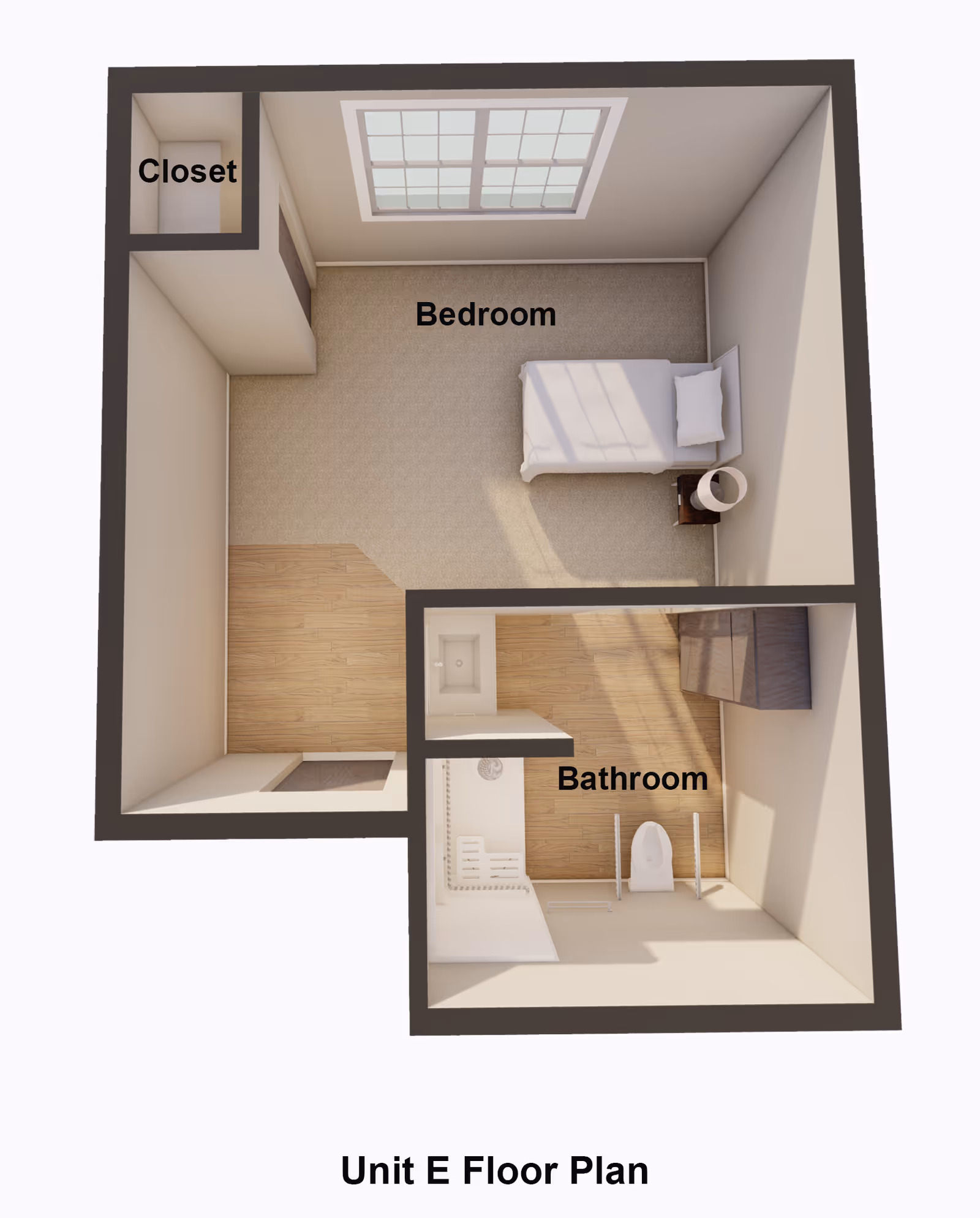 Top-down 3D floor plan labeled 'Unit E Floor Plan' showing a bedroom with a bed, a closet, and an adjacent bathroom.