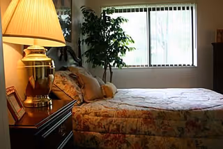 A cozy bedroom with a floral-patterned bedspread on a bed, a bedside table with a brass lamp and a framed photo, a potted plant near a window with vertical blinds letting in natural light.