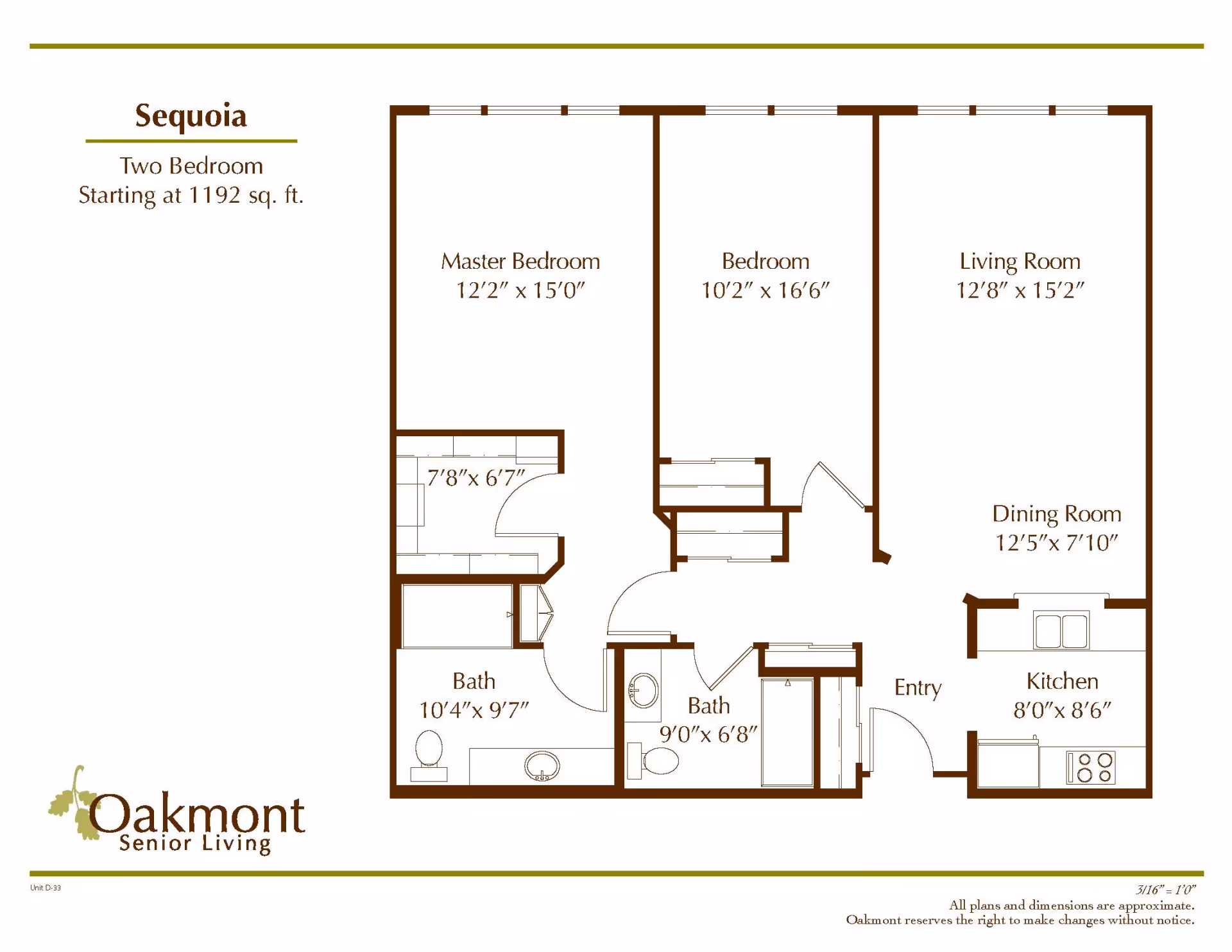 Floor plan of Sequoia two-bedroom apartment at Oakmont Senior Living, showing dimensions for master bedroom, bedroom, living room, dining room, kitchen, and two bathrooms.