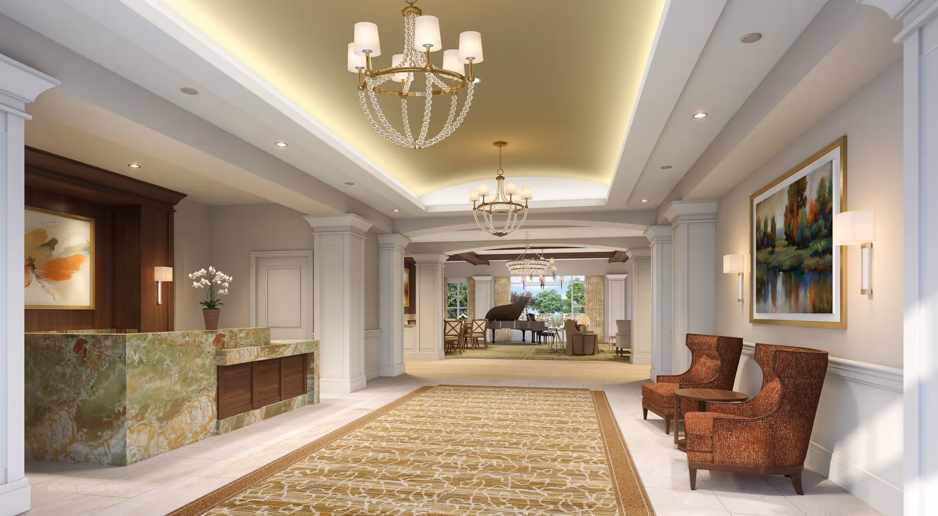 A spacious and elegant senior living facility lobby with a marble reception desk on the left, two upholstered chairs and a small table on the right, decorative chandeliers hanging from a recessed ceiling, a large patterned rug on the floor, and a grand piano visible in the background near large windows.