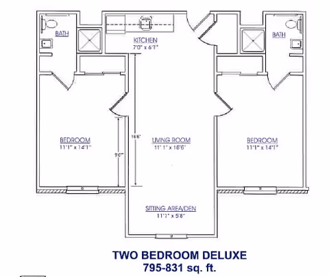 Floor plan of a two-bedroom deluxe apartment at The Keystones of Cedar Rapids, showing two bedrooms each with an attached bathroom, a kitchen, a living room, and a sitting area/den. The total area is 795-831 square feet.