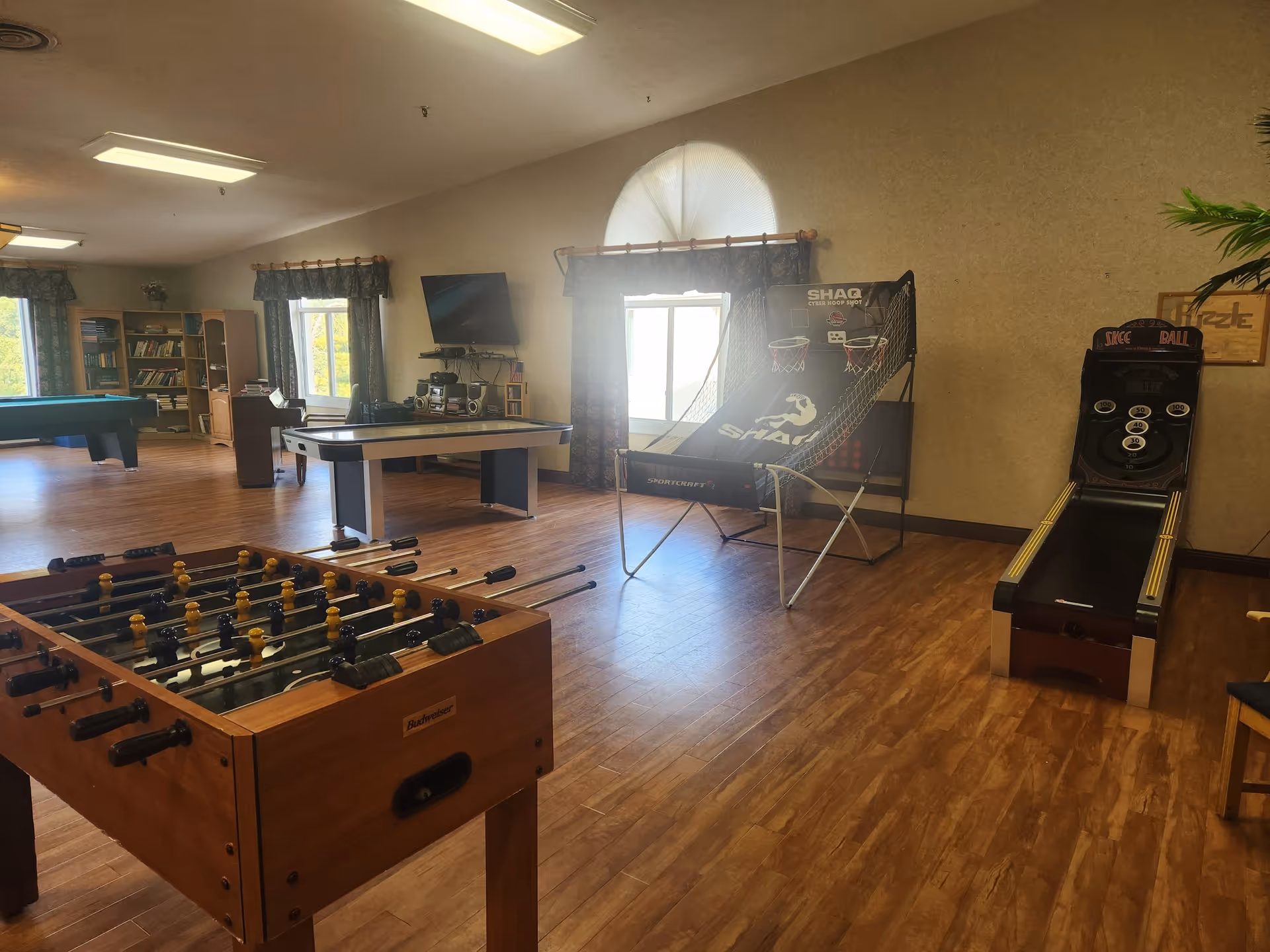 A recreational room with various games including a foosball table, an air hockey table, a basketball shooting game, and a skee ball machine. The room has wooden flooring, windows with curtains, a bookshelf, and a television mounted on the wall.