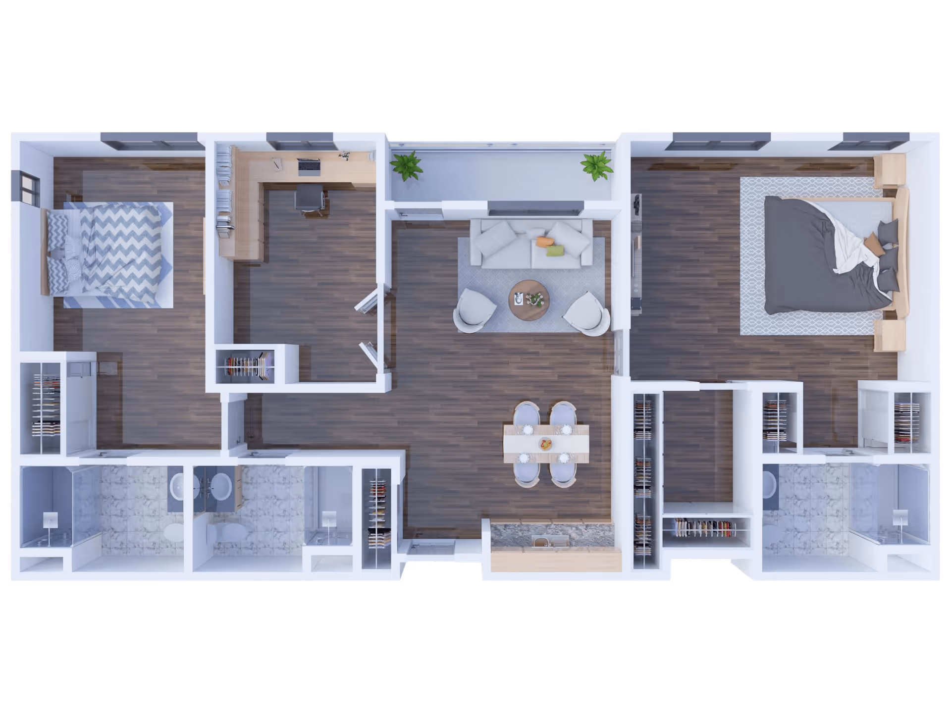 Top-down view of a senior living apartment floor plan featuring two bedrooms, two bathrooms, a living room with sofa and chairs, a dining area with table and chairs, and a kitchen area. The layout includes closets and a small office space.
