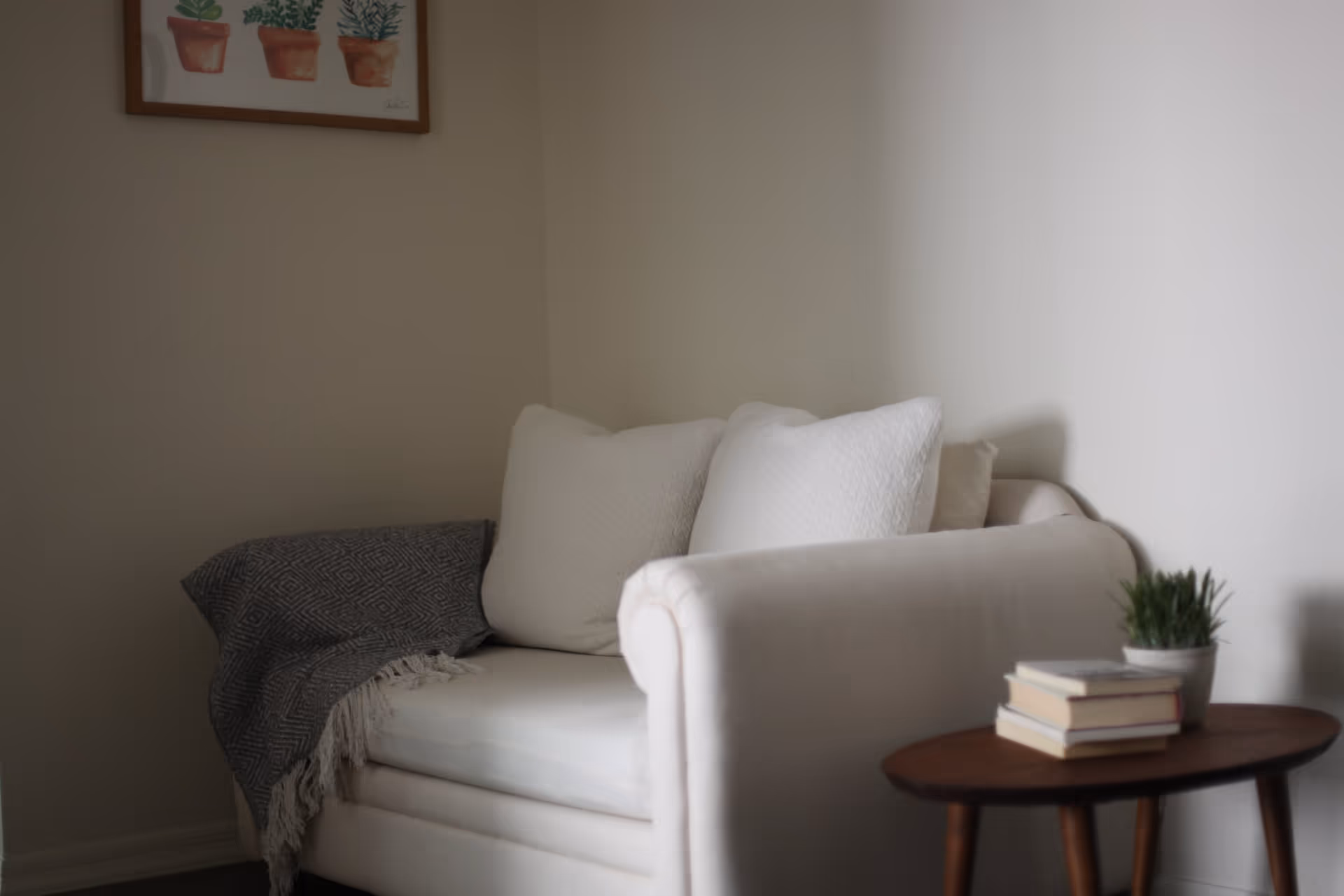 A cozy corner of a living room with a white cushioned armchair adorned with two white pillows and a gray patterned throw blanket. Next to the armchair is a small wooden side table holding a stack of books and a small potted plant. A framed picture of potted plants hangs on the wall above the armchair.