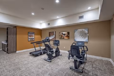 Small indoor fitness room with two recumbent exercise bikes, a treadmill, and framed wall art.