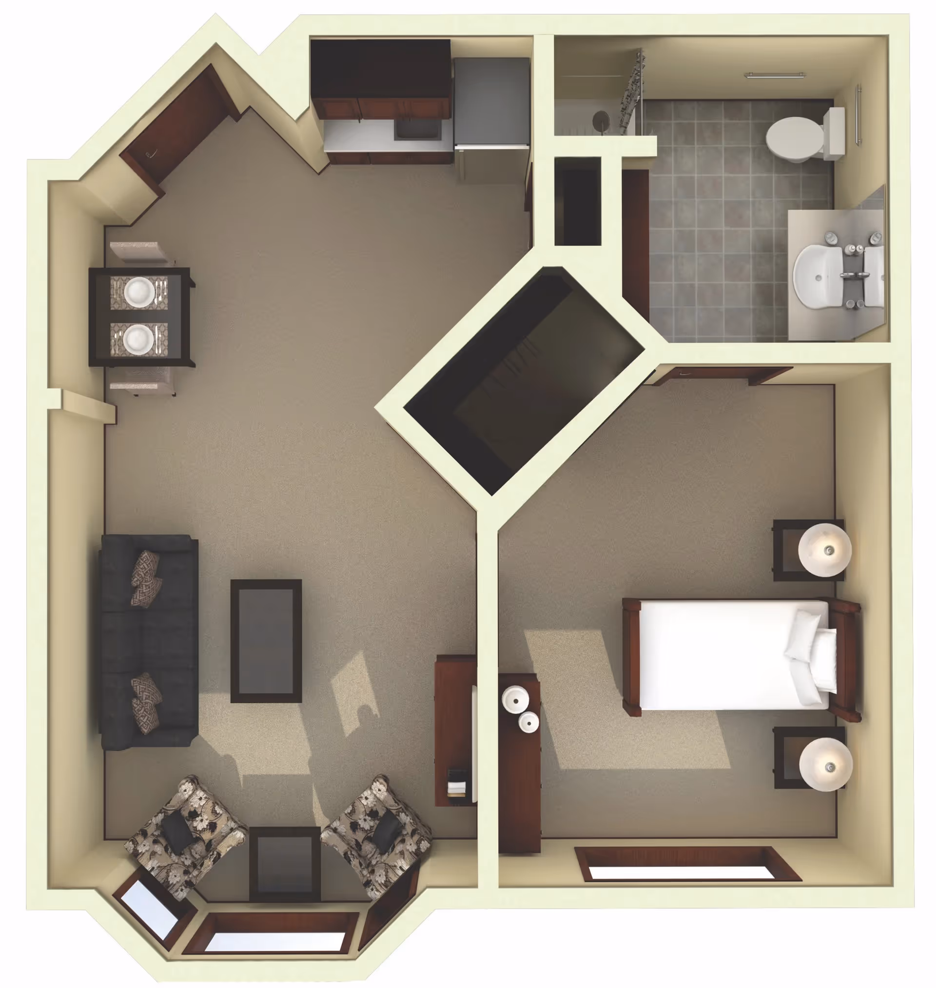 Top-down rendered floor plan showing a one-bedroom apartment with a living area, kitchenette, bedroom, and bathroom.