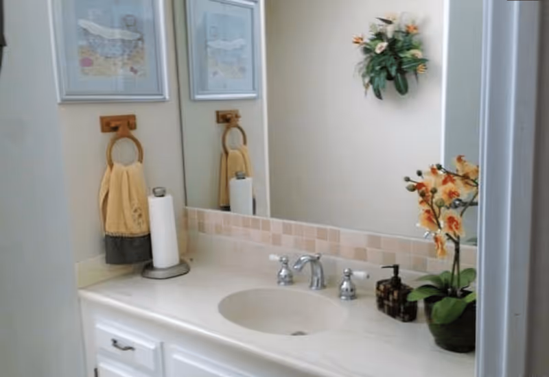 A bathroom sink countertop with a built-in sink, silver faucet, and two handles. On the countertop, there is a paper towel roll, a soap dispenser, and a potted plant with orange flowers. A large mirror is mounted on the wall above the sink, reflecting a towel hanging on a wooden ring holder and a framed picture. Another potted plant with white flowers is mounted on the wall beside the mirror.