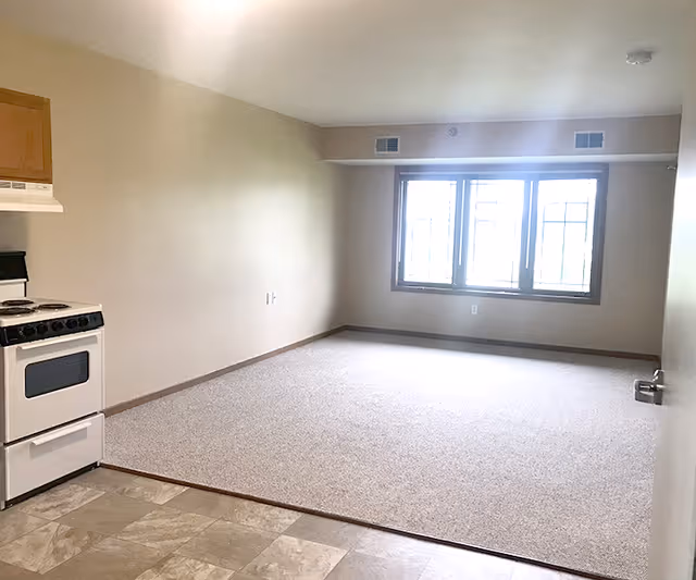Empty studio-style apartment with a small kitchen and stove on the left, a carpeted open living area, and a three-pane window on the far wall.