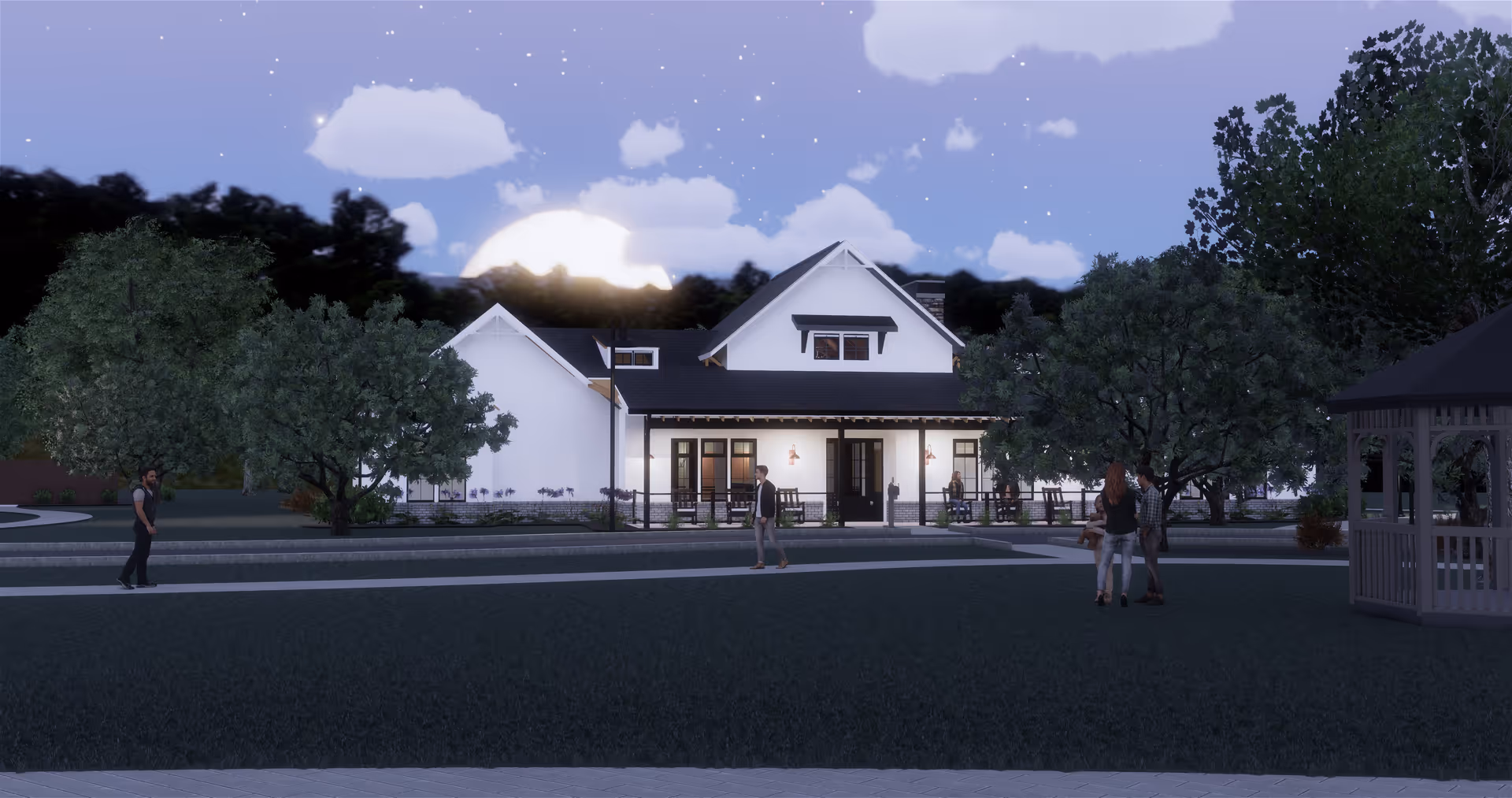 Nighttime view of a senior care facility building with a porch, surrounded by trees and a gazebo on the right. Several people are walking or standing on the pathways in front of the building under a starry sky with a bright moon partially hidden by clouds.