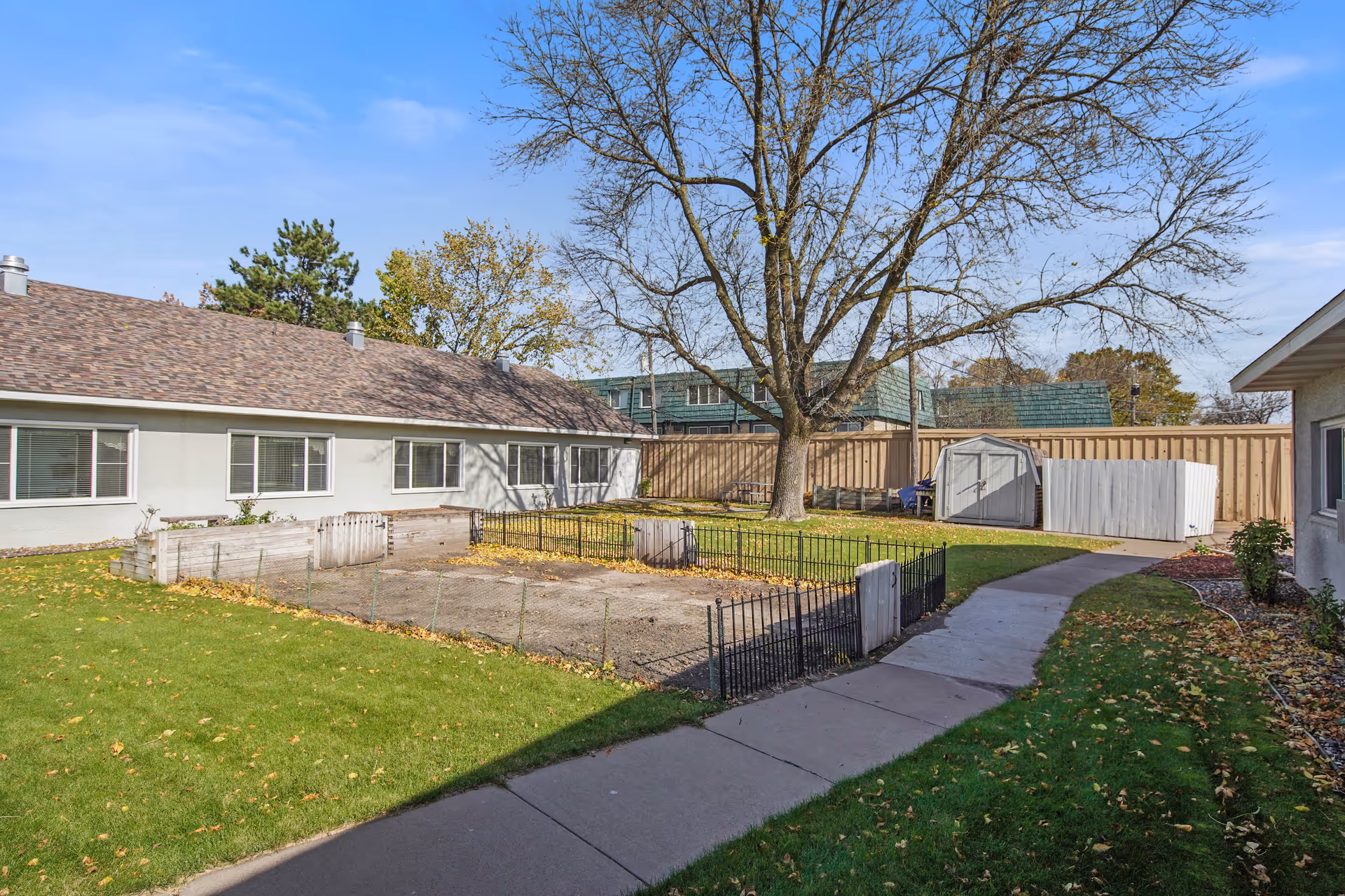 Outdoor view of Osseo Gardens Assisted Living showing a fenced garden area with raised beds, a large tree, a shed, and a paved walkway surrounded by green grass and buildings under a clear blue sky.