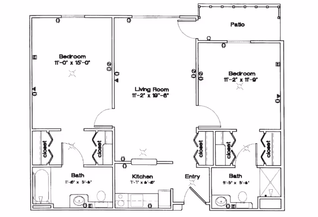 Architectural floor plan of a residential unit at Smith Farms Manor showing two bedrooms, two bathrooms, a kitchen, a living room, an entryway, closets, and a patio.