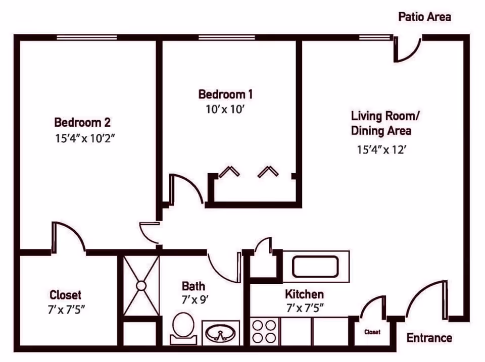 Floor plan of a residential unit at Brookstone Estates Of Fairfield showing two bedrooms, a bathroom, a kitchen, a living room/dining area, closets, an entrance, and a patio area.