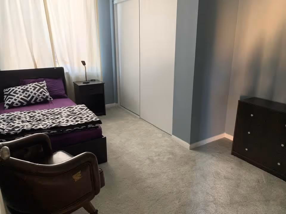 A small bedroom with a single bed featuring purple bedding and a black and white patterned blanket and pillow. Next to the bed is a black nightstand with a small lamp. There is a brown leather chair in the foreground and a black dresser with drawers on the right side. The room has light blue walls, beige carpet, and a large closet with white sliding doors.