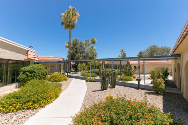 Outdoor courtyard area at Casas Adobes Post Acute Rehabilitation Center featuring a paved walkway surrounded by desert landscaping with various shrubs, flowering plants, cacti, and palm trees under a clear blue sky. The buildings have beige walls and red-tiled roofs with covered walkways connecting them.