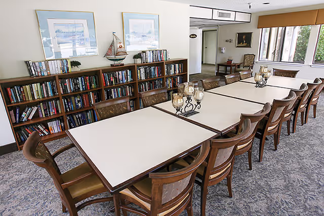 Long dining table with many wooden chairs in a bright room next to bookshelves and windows.
