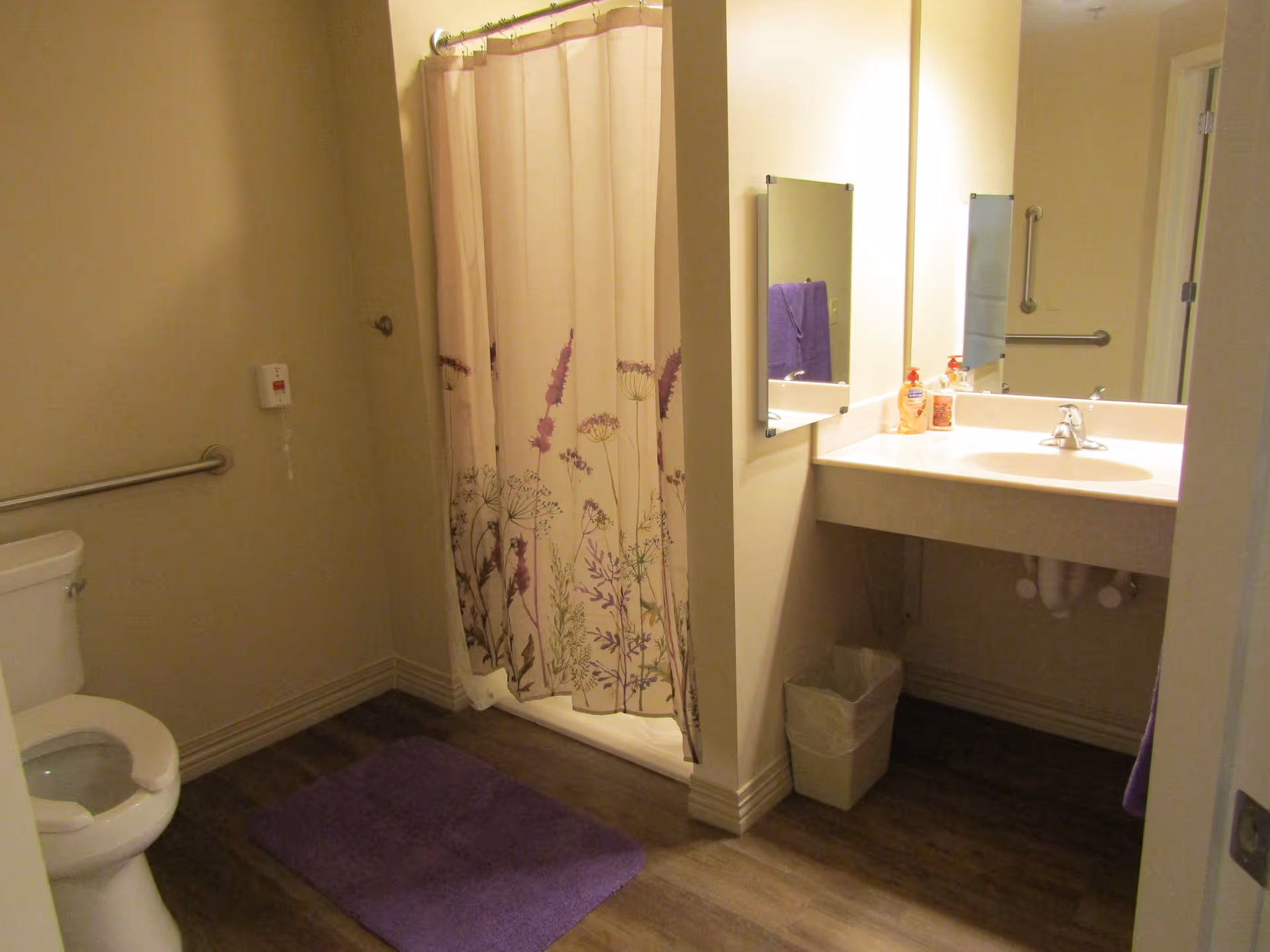 Bathroom with a toilet, a shower with a floral curtain, a sink with a mirror above it, a purple bath mat on the floor, and a trash bin under the sink. The walls are light-colored and there is a grab bar next to the toilet.