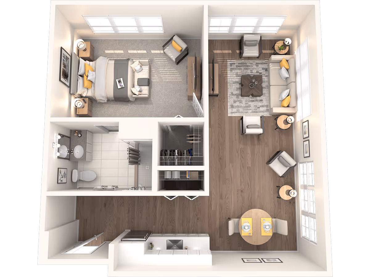 Top-down rendering of a one-bedroom apartment floor plan showing a bedroom, bathroom, closet, kitchen, dining nook and living room.