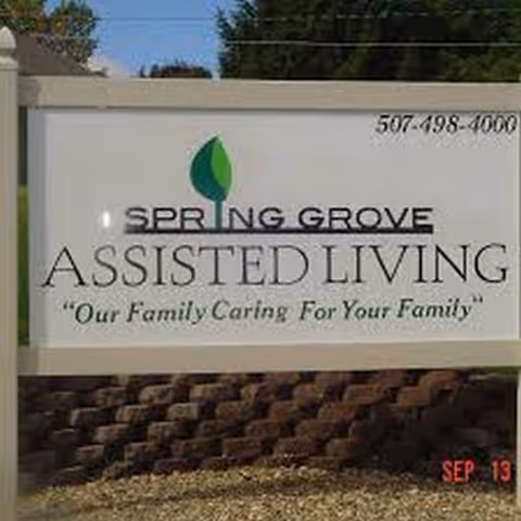 Exterior sign for Spring Grove Assisted Living mounted on a stone base.
