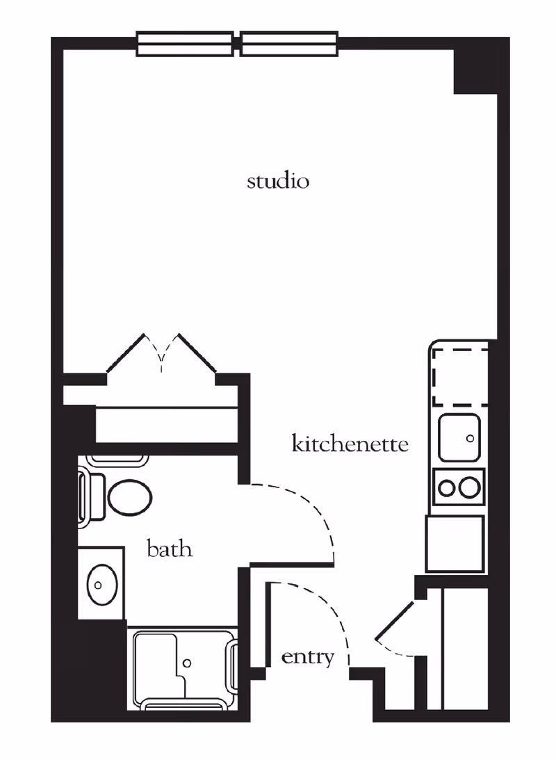 Floor plan of a studio apartment at Atria Maplewood Place showing an entry area leading to a kitchenette on the right, a bathroom on the left, and a large studio living space.