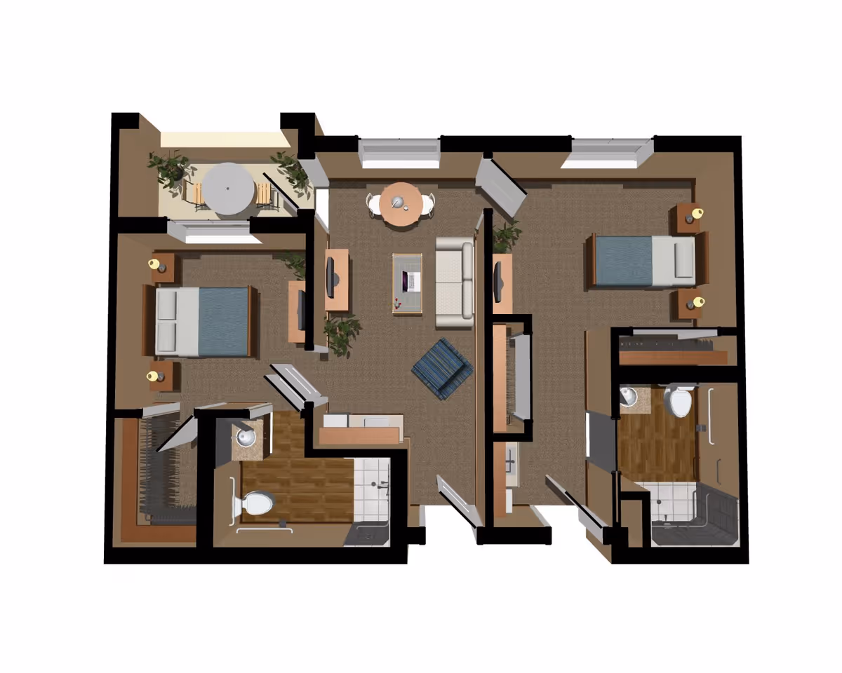 3D floor plan of a two-bedroom apartment featuring a living room with a sofa, coffee table, TV, and dining table. Each bedroom has a bed and nightstands. There are two bathrooms, one with a shower and the other with a bathtub. The apartment also includes a small balcony with a round table and chairs.
