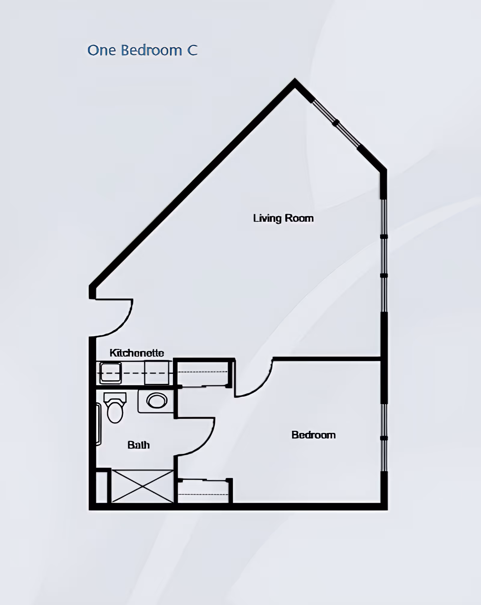 Floor plan layout labeled One Bedroom C showing a living room, bedroom, bath, and kitchenette area.