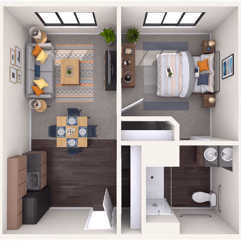 Top-down rendered one-bedroom apartment floor plan showing a living room with sofa and dining area, a kitchen, a bedroom, and a bathroom.