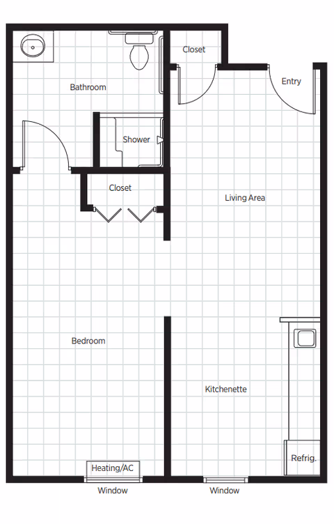Floor plan of a senior living unit showing an entry leading to a living area with a kitchenette and refrigerator. The unit includes a bedroom with a heating/AC unit and window, a bathroom with a shower, toilet, and sink, and two closets.