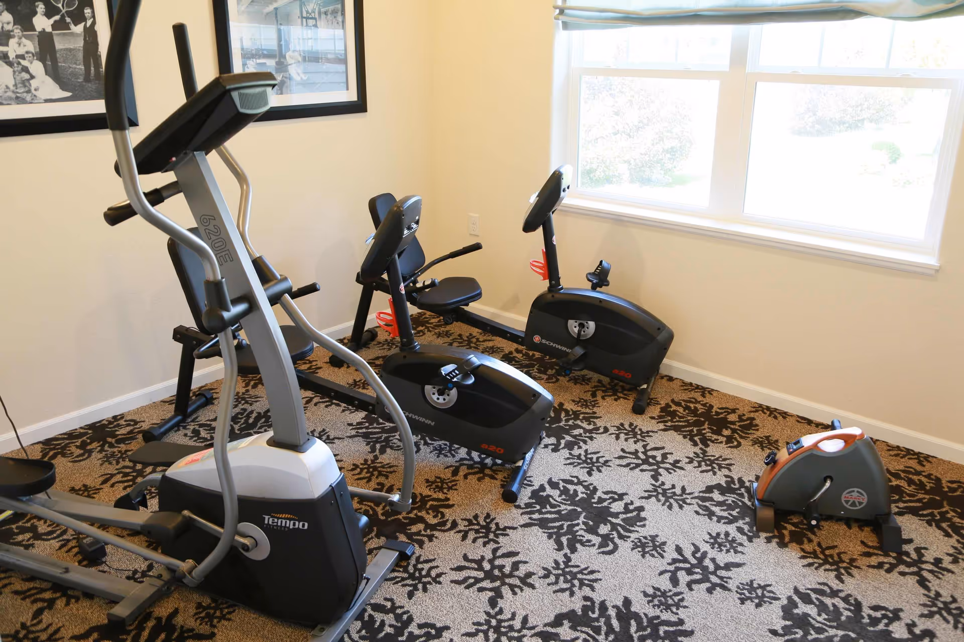 A small exercise room with patterned carpet featuring an elliptical machine, two recumbent stationary bikes, and a compact pedal exerciser near a large window letting in natural light. Two framed black and white photos hang on the wall.