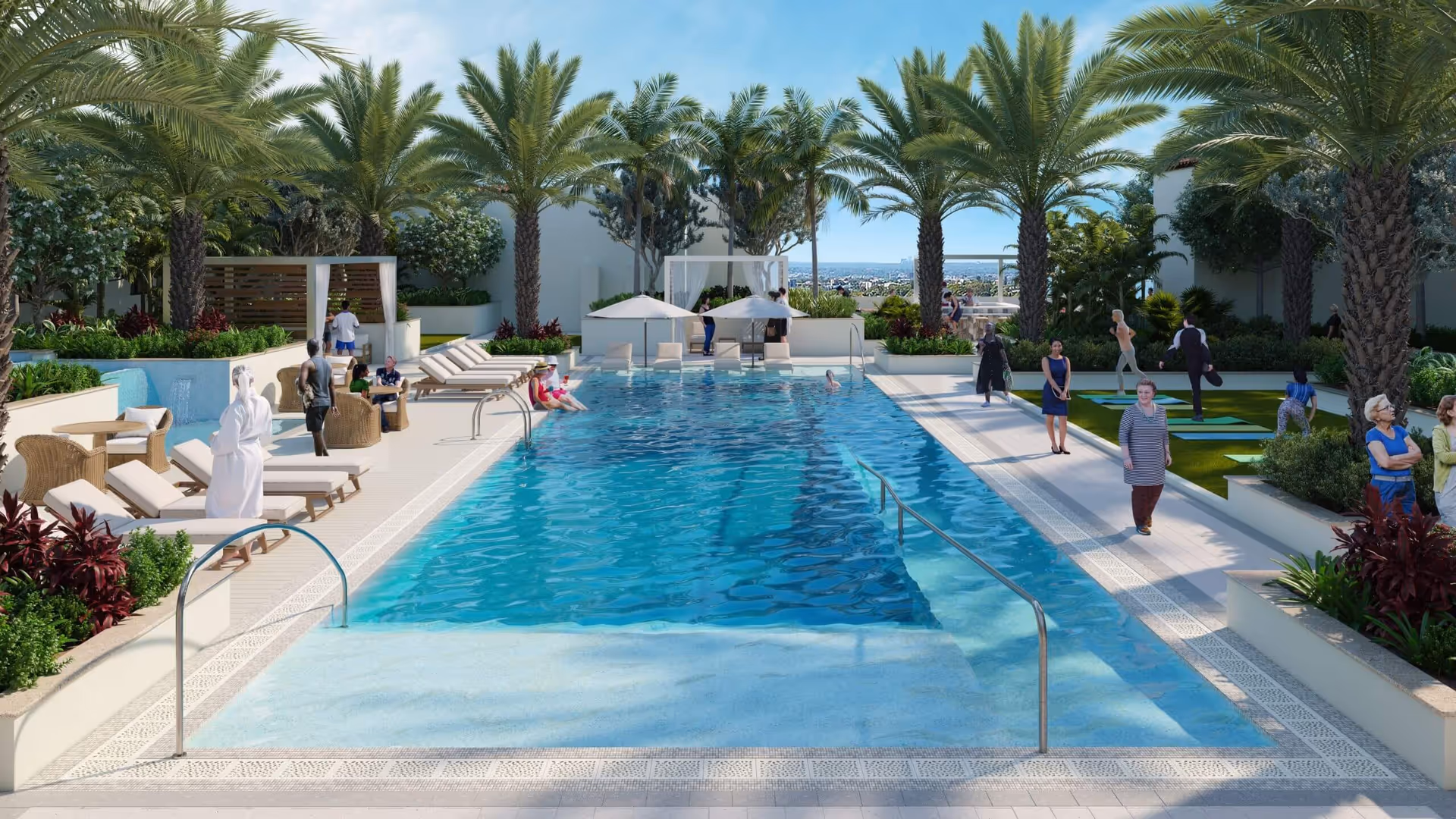 Outdoor swimming pool area with lounge chairs, palm trees and people walking and relaxing.