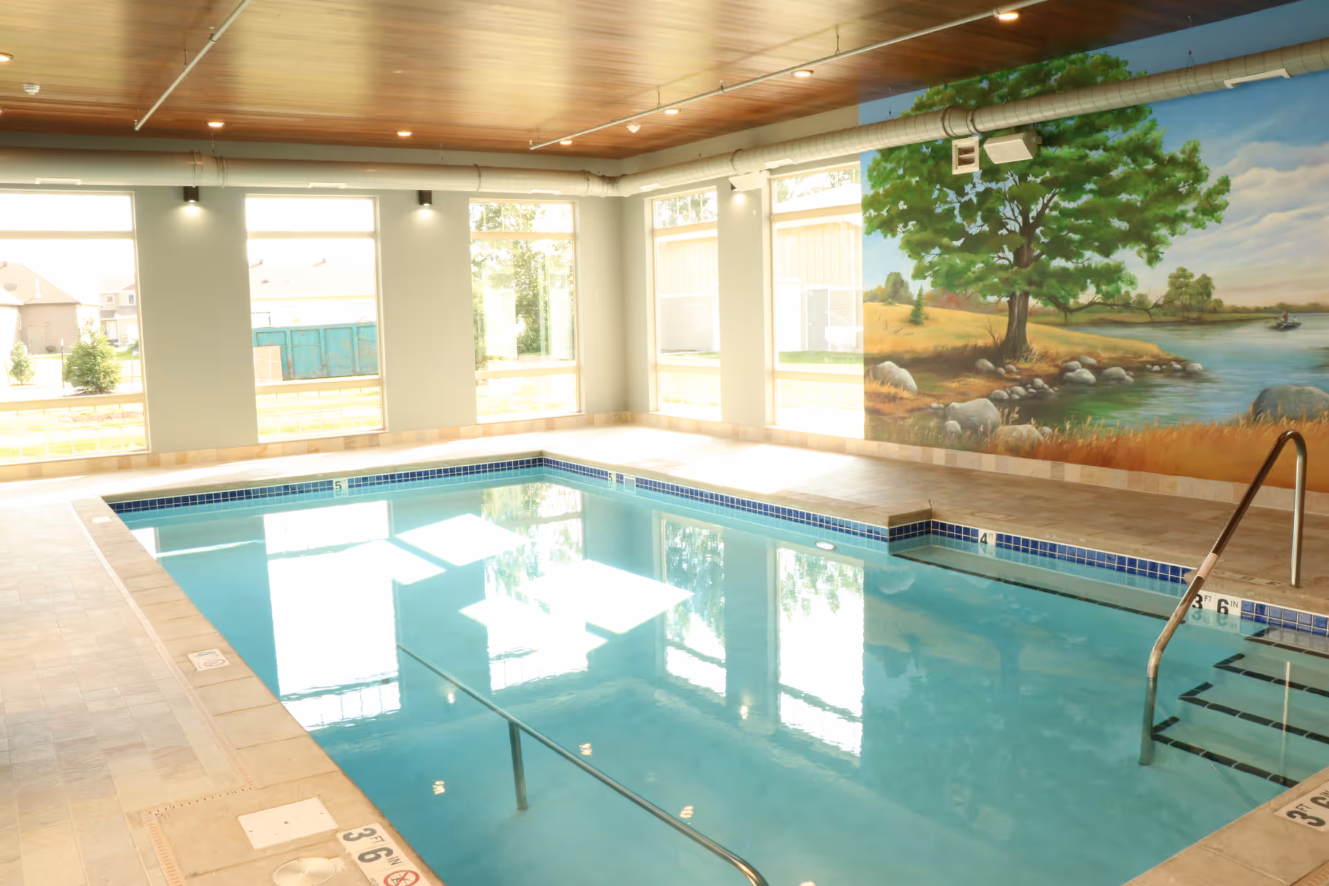 Indoor swimming pool with large windows and a mural of a tree and lakeside scene.