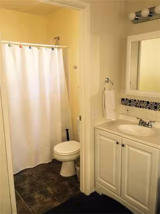 Bathroom with shower curtain, toilet, sink, mirror, and towel rack.