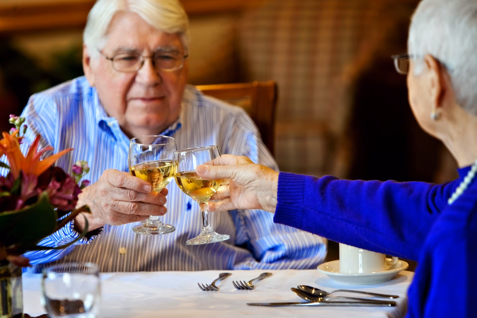 Two elderly residents clinking glasses of white wine across a dining table.
