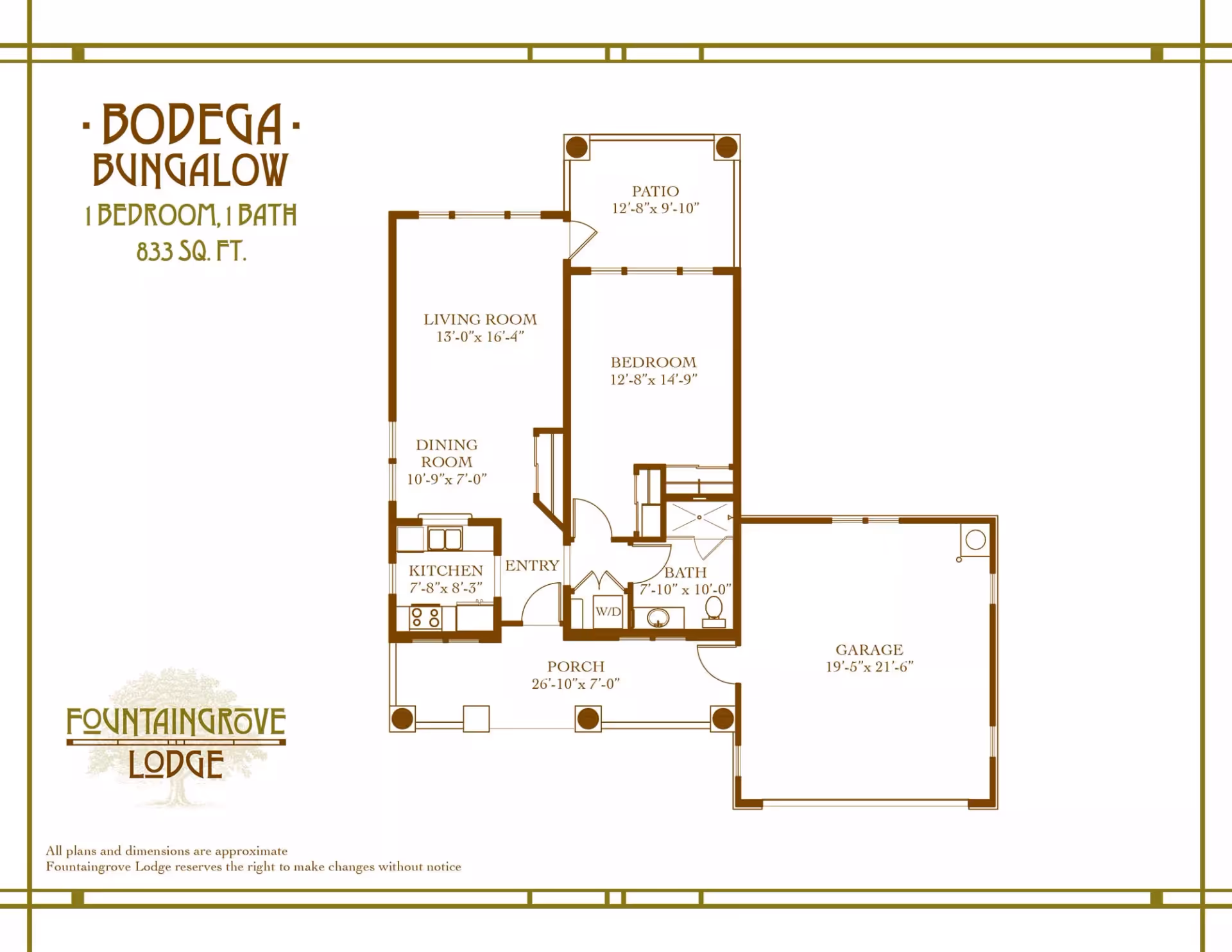 Floor plan of the Bodega Bungalow at Fountaingrove Lodge showing a 1 bedroom, 1 bath layout with 833 square feet. The plan includes a living room, dining room, kitchen, bedroom, bathroom, patio, porch, and garage with dimensions labeled for each area.