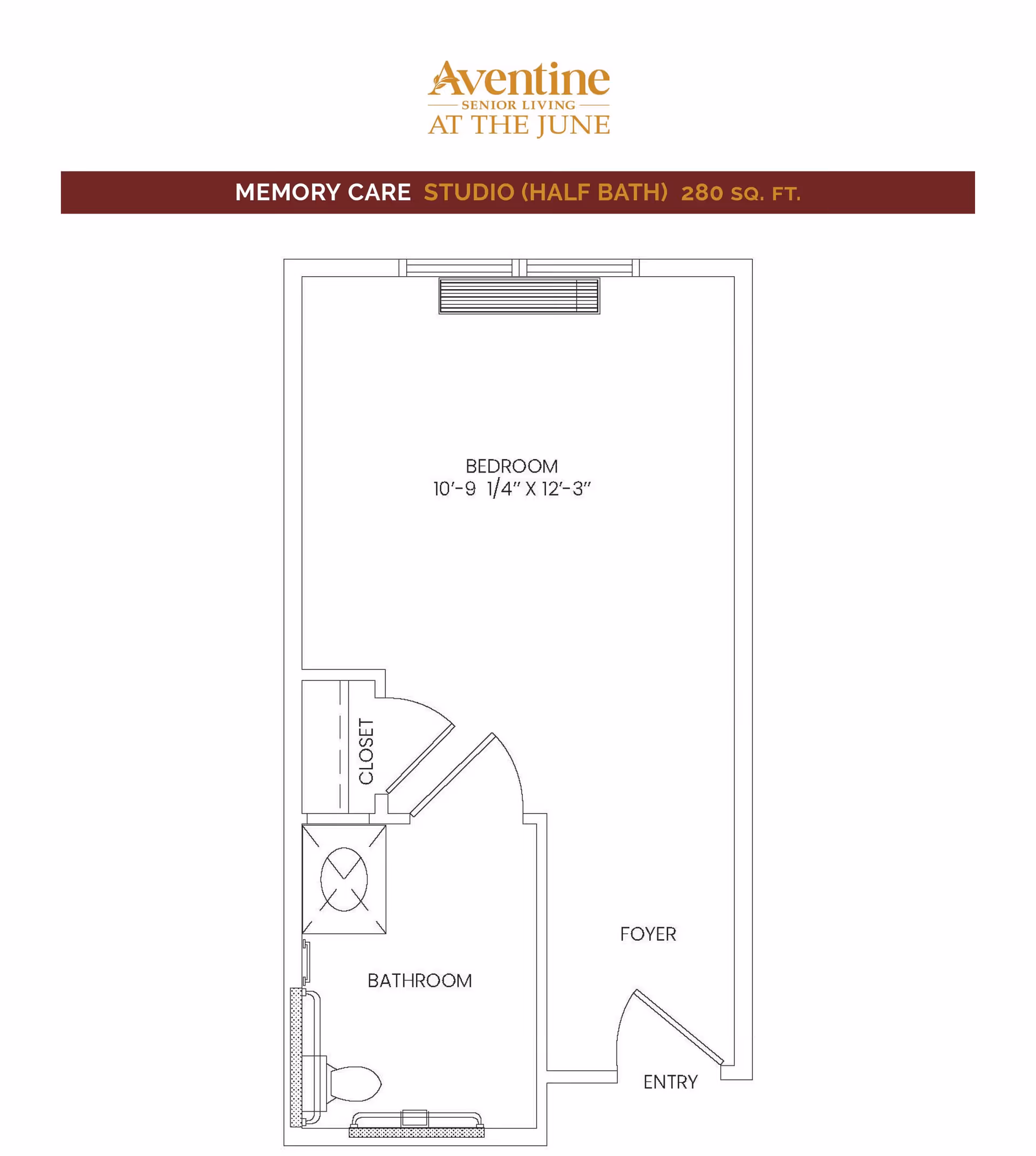 Floor plan of a memory care studio apartment with a half bath, showing a bedroom measuring 10 feet 9 1/4 inches by 12 feet 3 inches, a bathroom with a toilet and sink, a closet, a foyer, and an entry door.