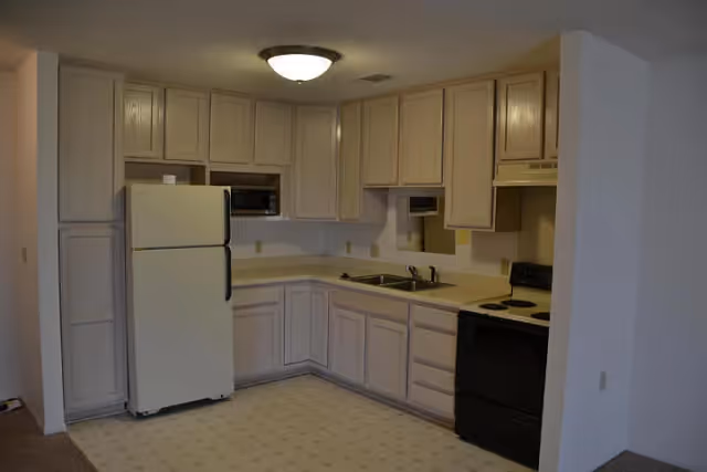 A kitchen with beige cabinets and countertops, a white refrigerator, a black stove with an oven, a microwave, a double sink, and a ceiling light fixture. The floor has a light-colored patterned linoleum.