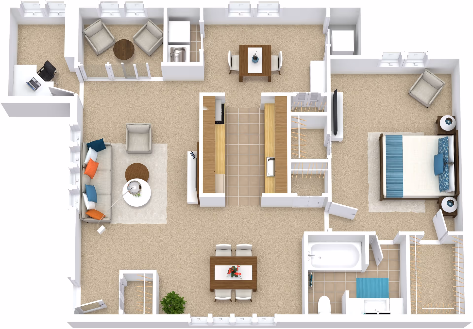 3D floor plan of an apartment featuring a bedroom with a bed and armchair, a bathroom with a bathtub, toilet, and sink, a kitchen with appliances and cabinetry, a living room with sofa, armchair, and coffee tables, a dining area with a table and chairs, and an additional small seating area with two armchairs and a round table.
