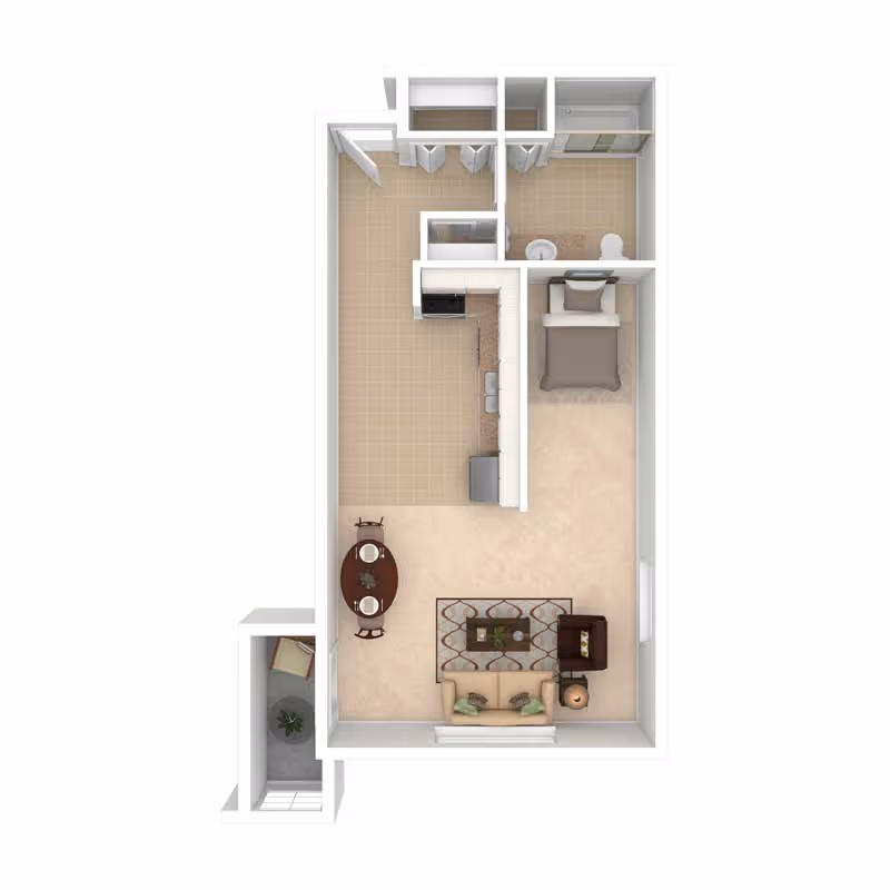 Top-down 3D floor plan of a studio apartment showing a living area with sofa and rug, dining table, kitchenette, bathroom, sleeping area, and a small balcony.