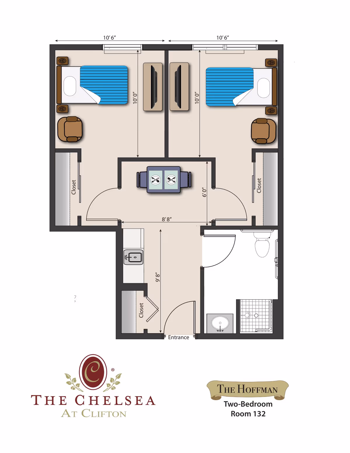Floor plan of a two-bedroom assisted living room named The Hoffman, Room 132, at The Chelsea at Clifton. The layout includes two bedrooms each with a bed, chair, and closet, a shared living/dining area with a table and two chairs, an entrance area with a closet and sink, and a bathroom with a toilet, sink, and shower.
