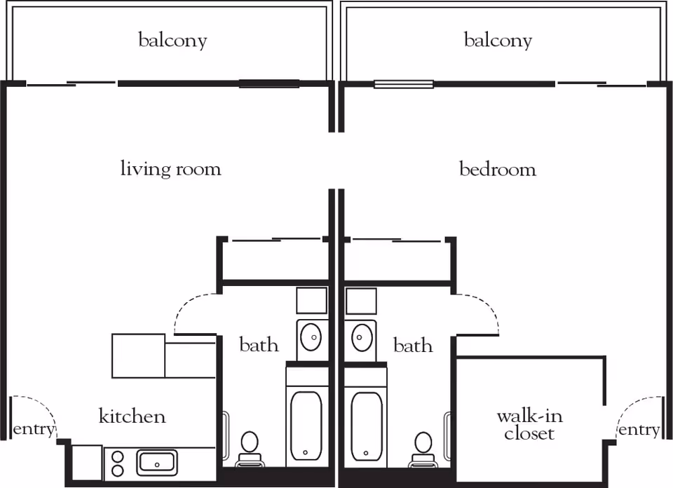Architectural floor plan showing two adjacent apartment units. Each unit has a balcony, living room or bedroom, kitchen or walk-in closet, and a bathroom. The left unit includes an entry, kitchen, living room, bath, and balcony. The right unit includes an entry, bedroom, walk-in closet, bath, and balcony.