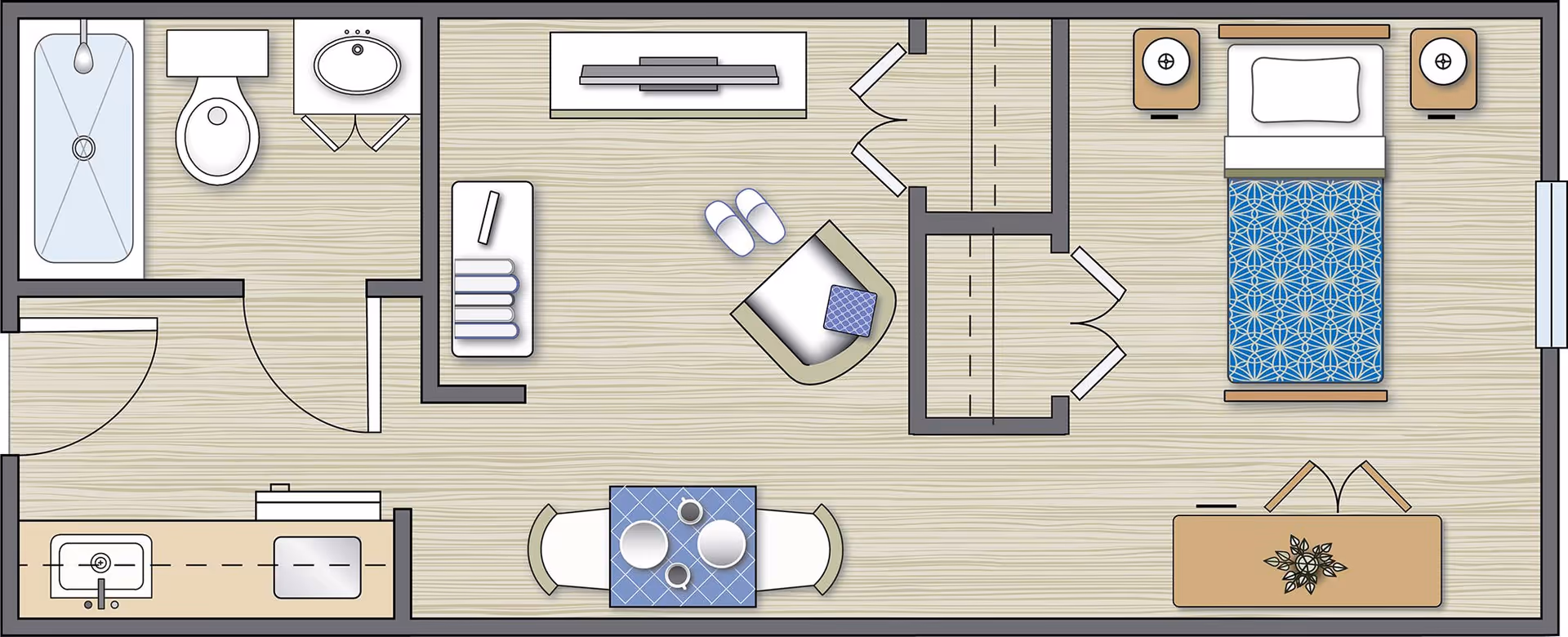Top-down floor plan of a senior living apartment showing a bedroom with a bed and two nightstands, a living area with a chair, TV, and small table, a dining area with a table set for two, a kitchen with a sink and stove, and a bathroom with a bathtub, toilet, and sink.
