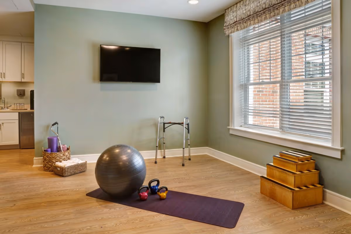 Bright interior exercise room with a yoga mat, stability ball, kettlebells, a walker, wall-mounted TV, and a large window.