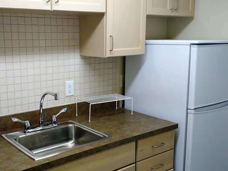 A small kitchen area featuring a stainless steel sink with a dual-handle faucet, a brown countertop with a white metal rack, beige tiled backsplash, light wood cabinets above and below the counter, and a white refrigerator to the right.